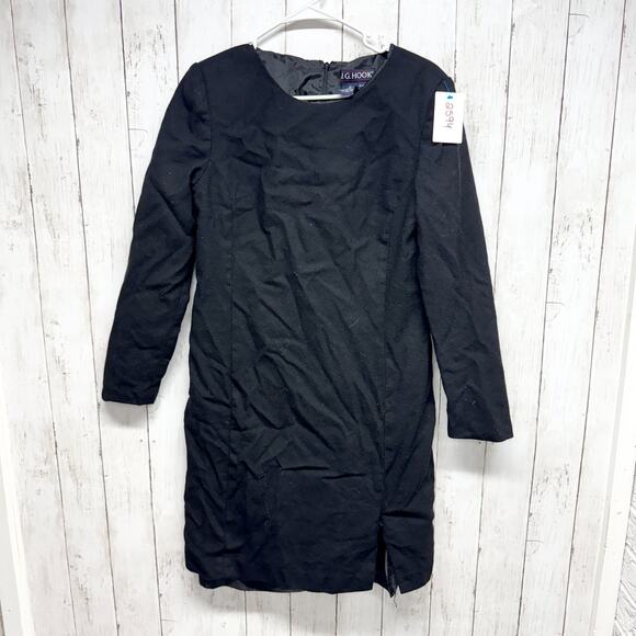 Vintage J.G. Hook Dress Women Size 12 Black Wool Crewneck Long Sleeve Midi Zip - Picture 1 of 6